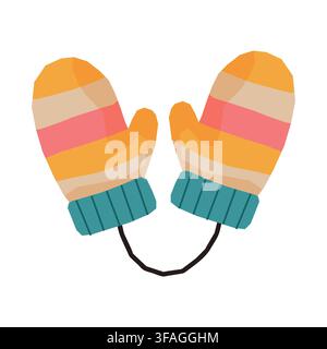 Colorful Striped Winter Mittens with String Stock Vector