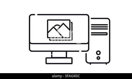 Desktop computer tower and monitor with image symbol on screen vector icon. Stock Vector