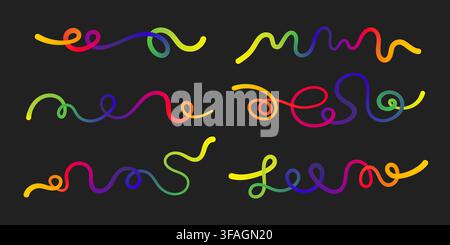 Wavy squiggle rainbow gradient color line create dynamic abstract curve vector illustration set. Stock Vector