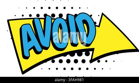 Comic book retro AVOID word text arrow banner halftone dot pattern yellow black warning alert danger pop art sticker decal. For thumbnails, gaming vid Stock Vector