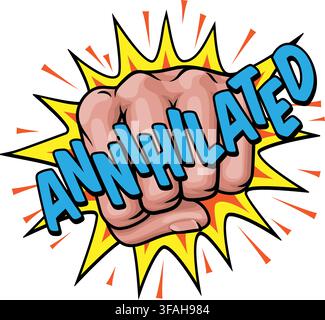 Comic book retro ANNIHILATED word text starburst burst star explosion fist punch fight bang boom pow pop art sticker decal destroyed. For thumbnails, Stock Vector