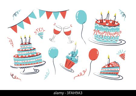 Hand Drawn Birthday Party Celebration Set with Cakes Balloons and Wine Glasses Stock Vector