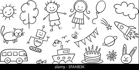 Children drawings set. Kid doodle elements. Boy, girl and robot. Sun in clouds, ship on the waves, bus and rocket. Line doodle cat. Birthday cake with Stock Vector