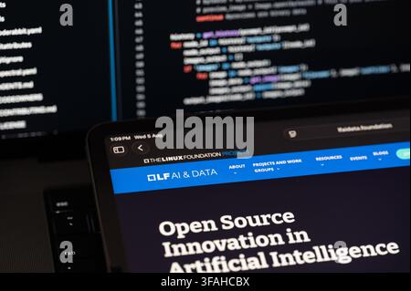 New York, USA - august 5, 2026: Linux Foundation Ai company web page on program code background of computer close up view Stock Photo