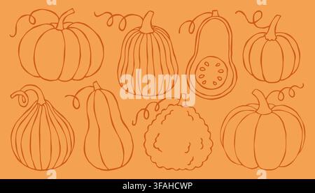 Doodle autumn pumpkins vector line art set isolated on orange background. Ideal for Halloween graphics, Thanksgiving invitations, harvest decor, and Stock Vector
