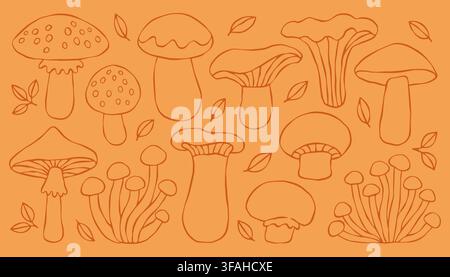Hand drawn wild forest mushrooms line art set isolated on orange background. Great for botanical prints, autumn harvest designs, food packaging, and Stock Vector
