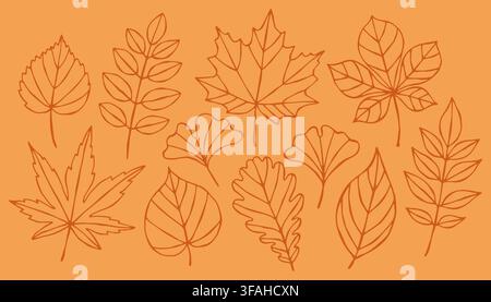 Hand drawn autumn foliage line art set isolated on orange background. Perfect for fall patterns, botanical design, seasonal banners, logos, and Stock Vector