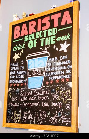 London UK, August 20 2026, Close Up Of A Caffe Nero Chalkboard Menu Promoting A Barista Drink Of The Week Stock Photo