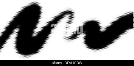 Flowing halftone texture with gradient dots creating rhythmic swoosh effects. Modern abstract graphic featuring dynamic curves, digital transitions Stock Vector