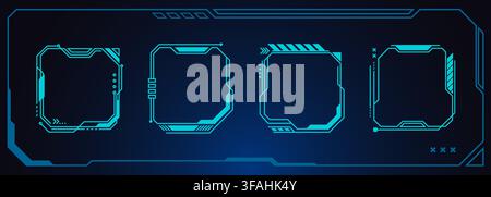 Futuristic ui frame with neon glowing hud elements on black background. Vector realistic illustration of holographic interface design for game screens and tech dashboards with cyberpunk square borders Stock Vector