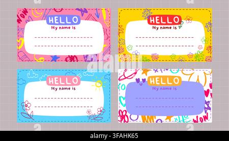 Cute school name tags with colorful doodle frames. Vector illustration of bright color sticker labels for kids' notebooks, planners and classroom supplies in cartoon style, identification note Stock Vector