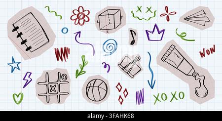 Hand drawn school doodle set isolated on notebook background. Vector realistic illustration of paper stickers with pen scribbles, paper plane, clip, ball, funny handwriting collage icons Stock Vector