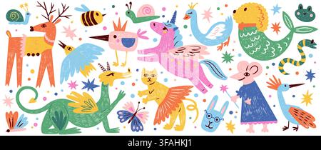 Hand drawn crayon unicorn with pencil texture, fairy animals pattern on white background. Vector cartoon illustration of cute chalk doodles, pastel dragon and fantastic creatures, stars and magic bird Stock Vector