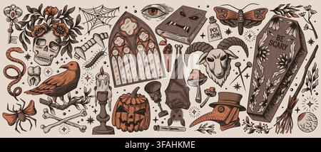Gothic Halloween sketch pattern in brown and orange colors. Vector illustration of spooky pumpkin, old coffin, raven and snake, poison bottle, mystical alchemy ingredients, engraved witchcraft items Stock Vector