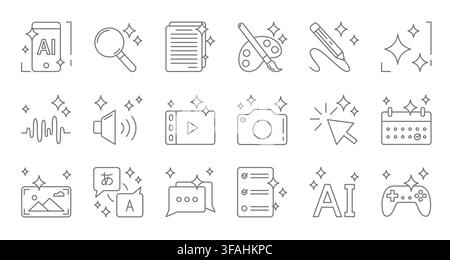 AI icon set with sparkling star symbol isolated on white background. Vector illustration of signs for artificial intelligence tools, chatbots, generative photo content creation apps, modern design Stock Vector