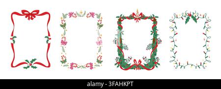 Vintage Christmas frames with whimsical ribbon bows, green xmas tree isolated on white. Vector cartoon illustration of holiday borders for festive cards, winter design with candle, stars and garland Stock Vector