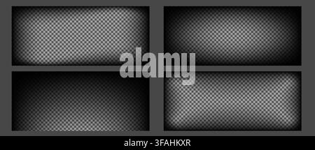 Set of black vignette effects with gradient fade on transparent background. Vector realistic illustration of dramatic shadow overlay for photo frames and vintage design with dark corner borders Stock Vector