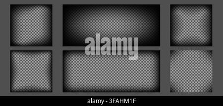 Set of black vignette effects with gradient fade on transparent background. Vector realistic illustration of dramatic shadow overlay for photo frames and vintage design with dark corner borders Stock Vector