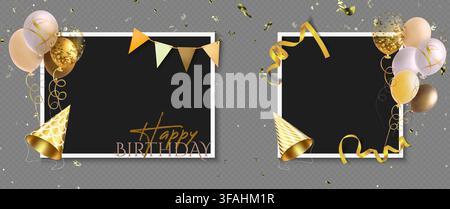 Instant photo collage for birthday party design. Vector realistic set of retro paper photography background with air balloons, gold ribbon and garland, vintage snap shot templates for scrapbook album Stock Vector