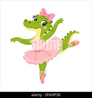 A cute cartoon ballerina crocodile dancing in a pink tutu. On a white background. Stock Vector