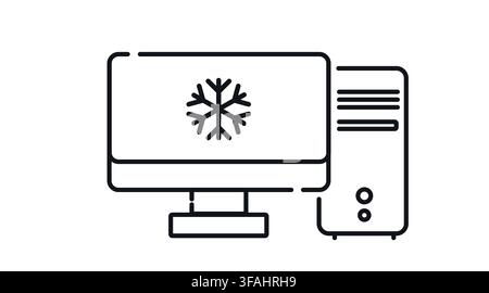Desktop computer tower and monitor with snowflake cooling symbol on screen vector icon. Stock Vector