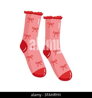 Cute pink winter socks with small bow pattern hanging on clothesline vector illustration flat Stock Vector