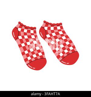 Cute red checked ankle socks hanging on clothesline winter Christmas vector illustration flat Stock Vector