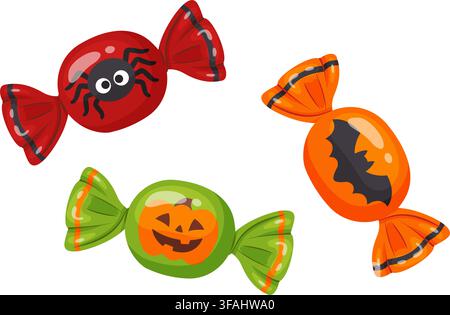 Halloween wrapped candy vector set in Hand drawn trendy flat style. Includes red spider, orange bat, and green pumpkin sweets. Perfect for autumn holi Stock Vector