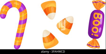 Cute hand drawn Halloween candy corn and cane vector set. Features cartoon traditional autumn sweets and chocolate bar with boo text. Perfect for holi Stock Vector