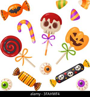 Halloween candy vector set in cute hand drawn trendy flat style. Includes spooky lollipops, sweets, candy corn, and spooky chocolate bars. Perfect for Stock Vector