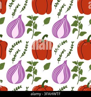Bright flat seamless pattern with red bell pepper purple onion oregano thyme and basil leaves on white background Stock Vector