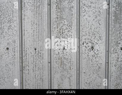 Horizontal close up view of weathered corrugated tin metal with a silver galvanized surface, vertical ridges, white mineral deposits and rust Stock Photo