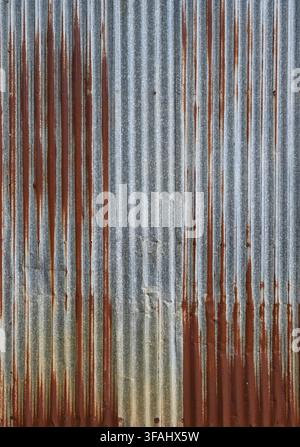 Vertical view of corrugated galvanized tin metal siding with heavy rust, vertical ridges and white mineral deposits Stock Photo