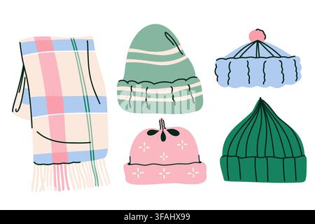 Winter Knitwear Collection with Warm Hats, Striped Scarf and Cozy Accessories in Pastel Green, Blue and Pink Colors. Vector illustration Stock Vector