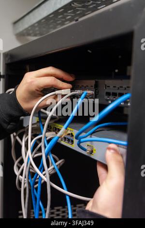 Close-up of a technician's hands organizing and plugging blue and grey ethernet network cables into a network switch. Stock Photo