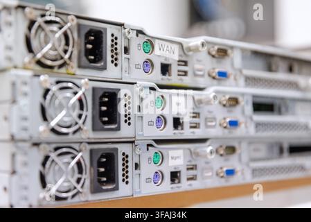 Close-up view of an empty server rack with patch panels and cable organizers installed. Stock Photo
