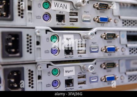 Close-up view of an empty server rack with patch panels and cable organizers installed. Stock Photo