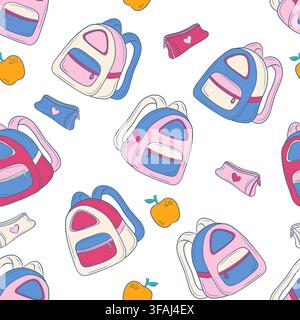 Vector seamless pattern with backpacks and school supplies Stock Vector