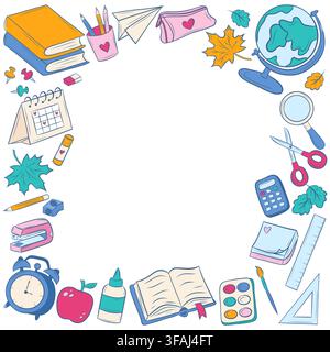 Vector frame with school supplies and autumn leaves Stock Vector