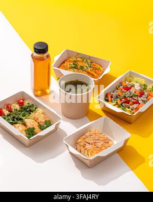 Daily nutrition food boxes on yellow and white Stock Photo