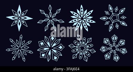 Winter frost blue snowflakes doodle vector set for Christmas decorations Stock Vector
