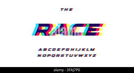 Race, overprint letters and numbers set. Glowing red blue yellow spectrum effect style vector latin alphabet. Font for cyber sport, racing, automotive Stock Vector