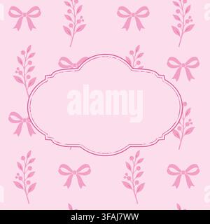 Soft pink vector backdrop featuring a delicate repeat pattern of botanical branches and little ribbon bows surrounding an ornate central blank badge f Stock Vector