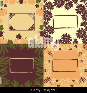 Collection of four vintage seasonal background templates featuring pumpkins, flowers, pine branches, berries, and elegant blank labels for text. Versa Stock Vector