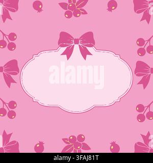 Retro style background template in magenta tones, decorated with seamless berries, graphic ribbons, and an elegant central text label with a beautiful Stock Vector