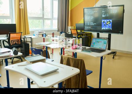 Empty Modern Classroom Equipped for Coding and Stem Education Stock Photo