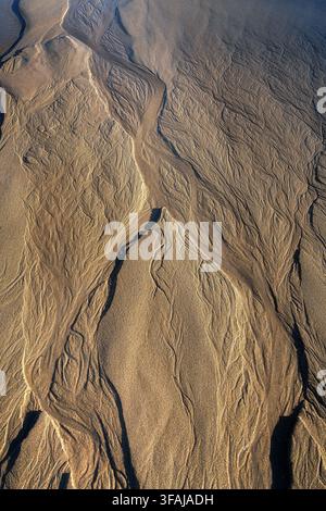 Sand formations shaped by water erosion creating branching structures. Natural abstract background with strong texture and organic patterns. Stock Photo