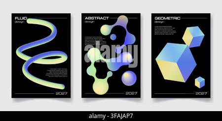 Modern brutalist posters with abstract gradient pattern, neon geometric shapes and dynamic effect. Minimalist cover template with fluid metaball forms and bold graphic elements for contemporary design Stock Vector