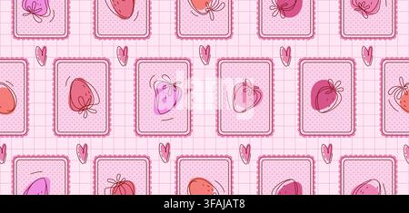 Seamless patchwork pattern with coquette fruit motifs. Vector illustration of abstract doodle strawberries and hearts in pink frames, cute summer textile, girly plaid design on checkered background Stock Vector