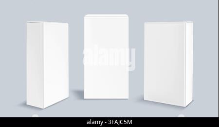 Realistic set of white carton boxes isolated on background. Vector illustration of blank 3d package mockup, rectangular cardboard pack with lid, template for beauty or medicine product presentation Stock Vector